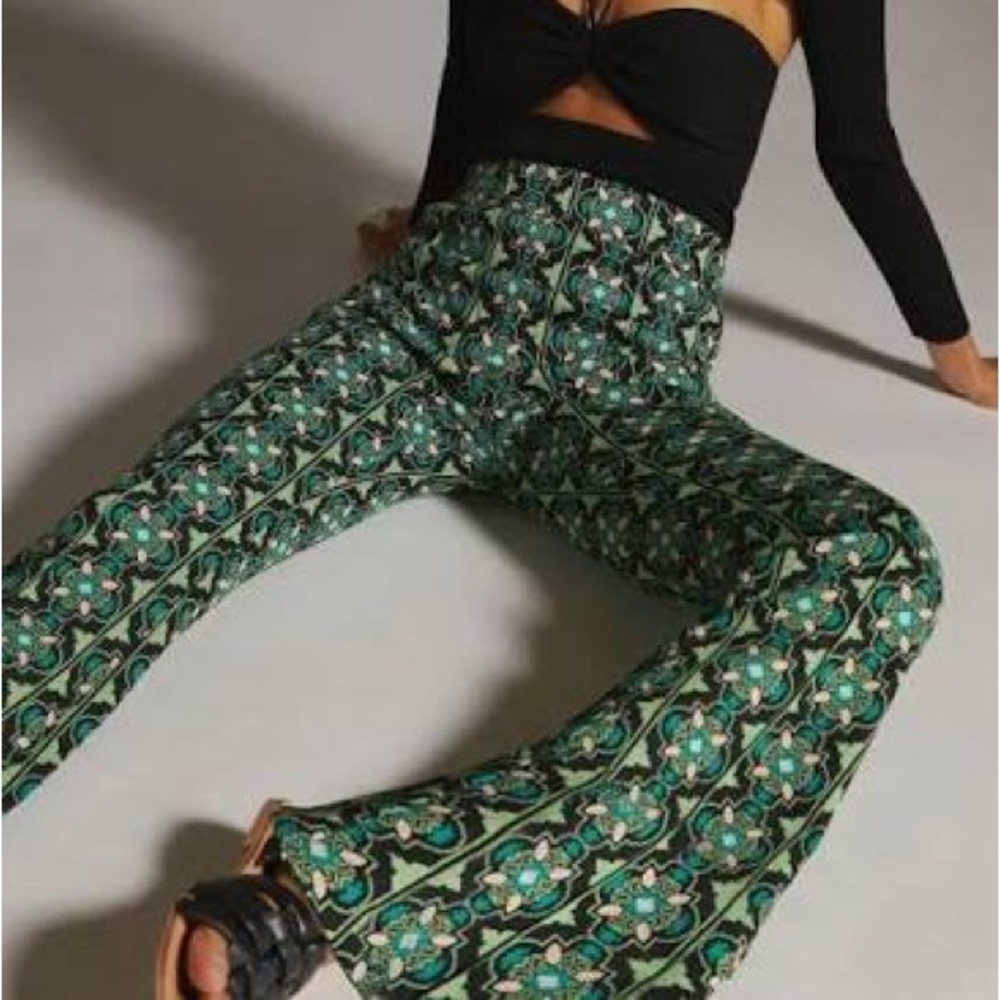 Maeve Teal & Black Floral-Geo Wide-Leg Pants